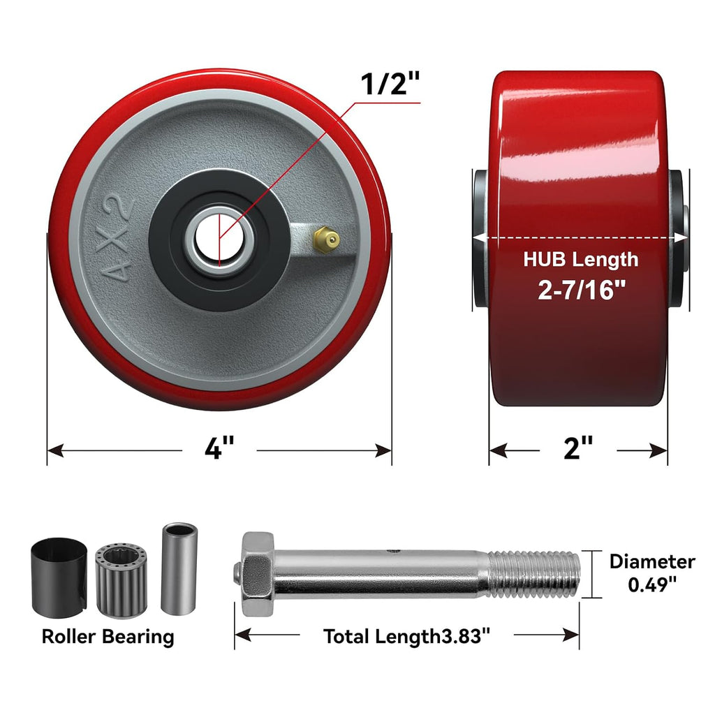 4 inch Caster Wheels Heavy Duty, Polyurethane on Steel Wheel, 1/2' Bore - 800 lbs Capacity, Heavy Duty Caster Wheel for Industrial/Commercial (10 PACK)