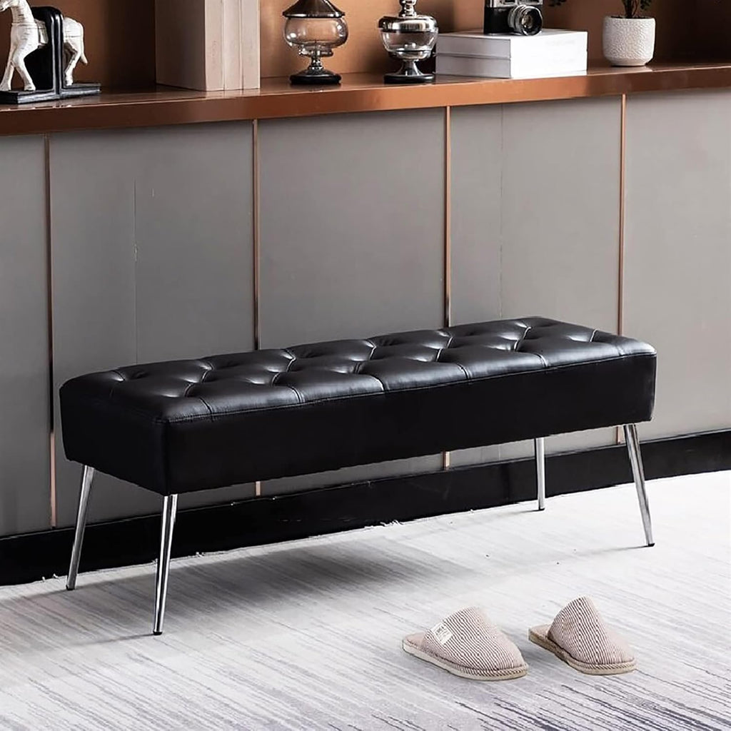 End of Bed Bench with Metal Legs,Upholstered Bedroom Bench Leather Ottoman Bench Seat,Modern Multifunction Shoe Bench Entryway Bench Dining Bench,Black-3D x 2W x 1H cm