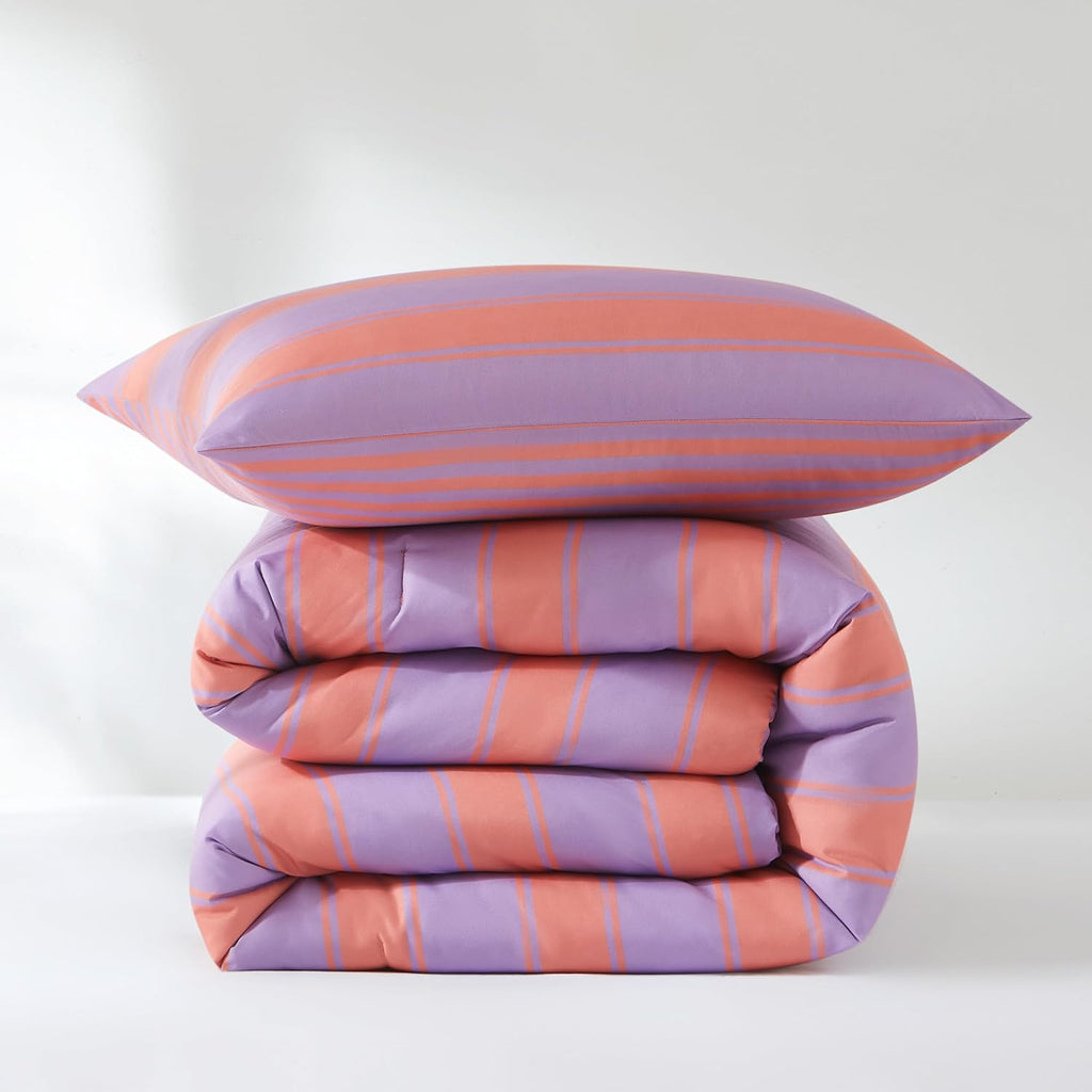 Lush Decor Gale Cabana Stripe? Reversible Comforter 2 Piece Set Twin/Twin XL Coral & Purple - Striped Bedding Set - Kids Pink Comforter - Coastal Dorm Decor