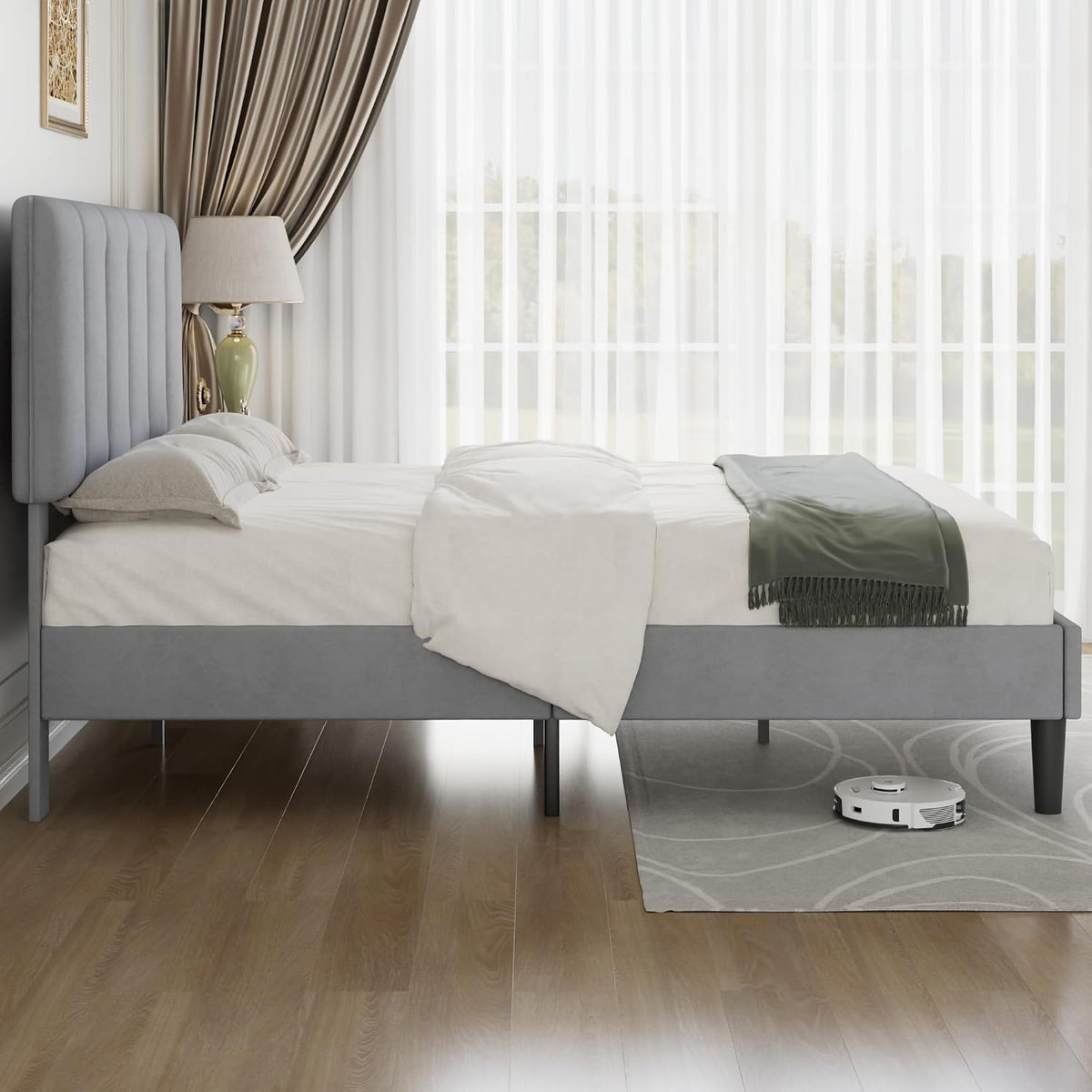 VECELO Full Bed Frame with Upholstered Headboard, Heavy-Duty Platform Bedframe with Strong Wooden Slats Support, No Boxing Spring Needed, Light Grey