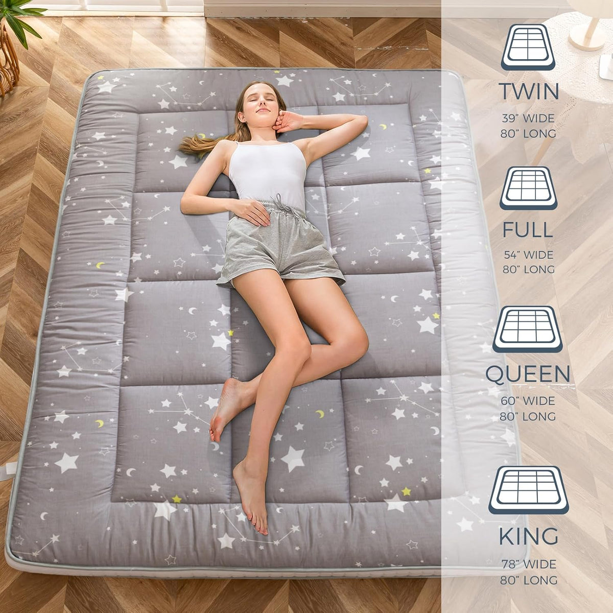 MAXYOYO Grey Constellation Futon Mattress, Japanese Floor Mattress Quilted Mattress Topper, Extra Thick Folding Sleeping Pad Breathable Floor Lounger Guest Couch for Camping, King