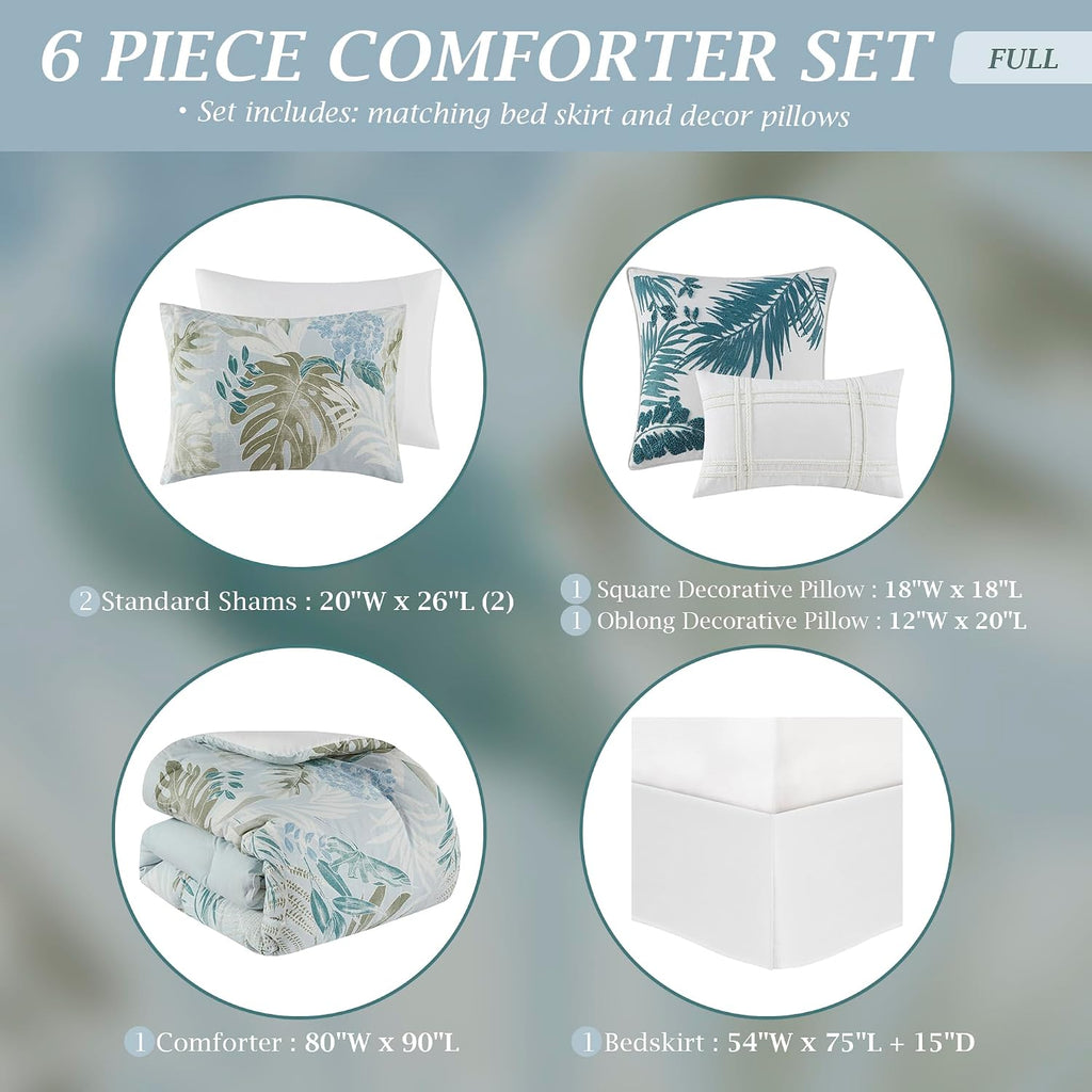 Harbor House Full Comforter Set, Tropical Palm Print, Soft Cotton Oversized Comforter for a Full-Size Bed, Coastal Bedding, 2 Shams, Bedskirt, 2 Décor Pillows, Kiawah Island, Full Blue