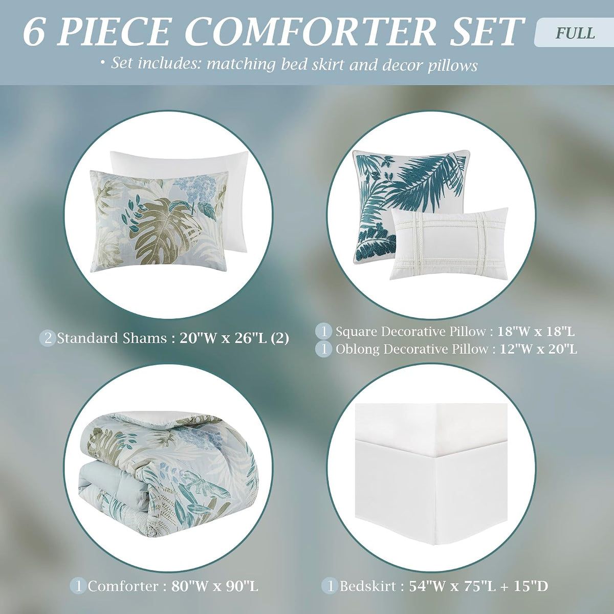 Harbor House Full Comforter Set, Tropical Palm Print, Soft Cotton Oversized Comforter for a Full-Size Bed, Coastal Bedding, 2 Shams, Bedskirt, 2 Décor Pillows, Kiawah Island, Full Blue