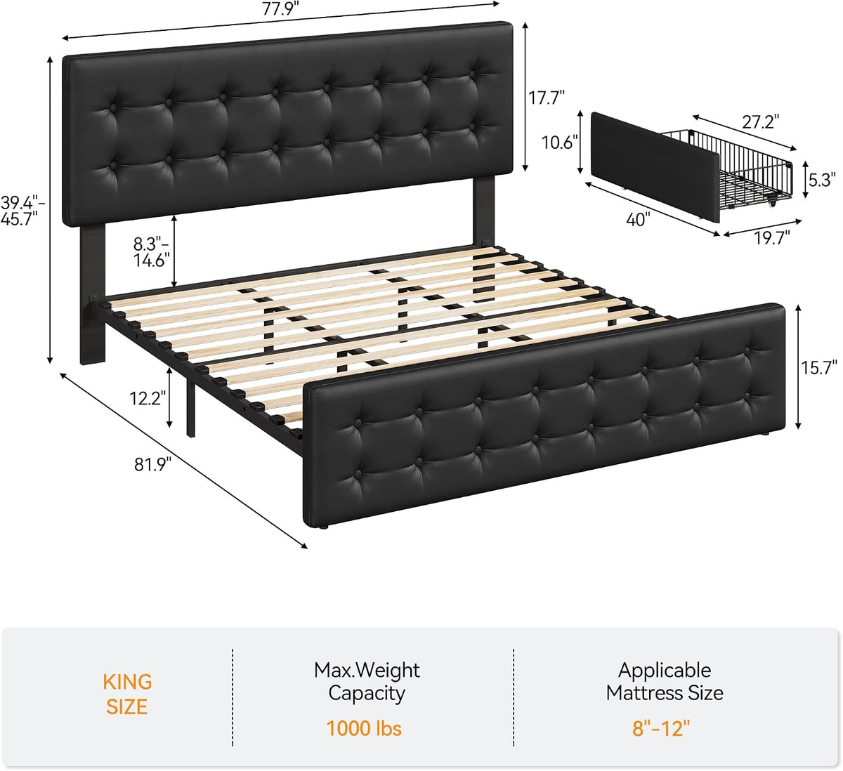 GarveeHome King Size Bed Frame with 4 Storage Drawers and Faux Leather Upholstered Headboard, Wooden Slats Support, Button Tufted Design, No Box Spring Needed, Black