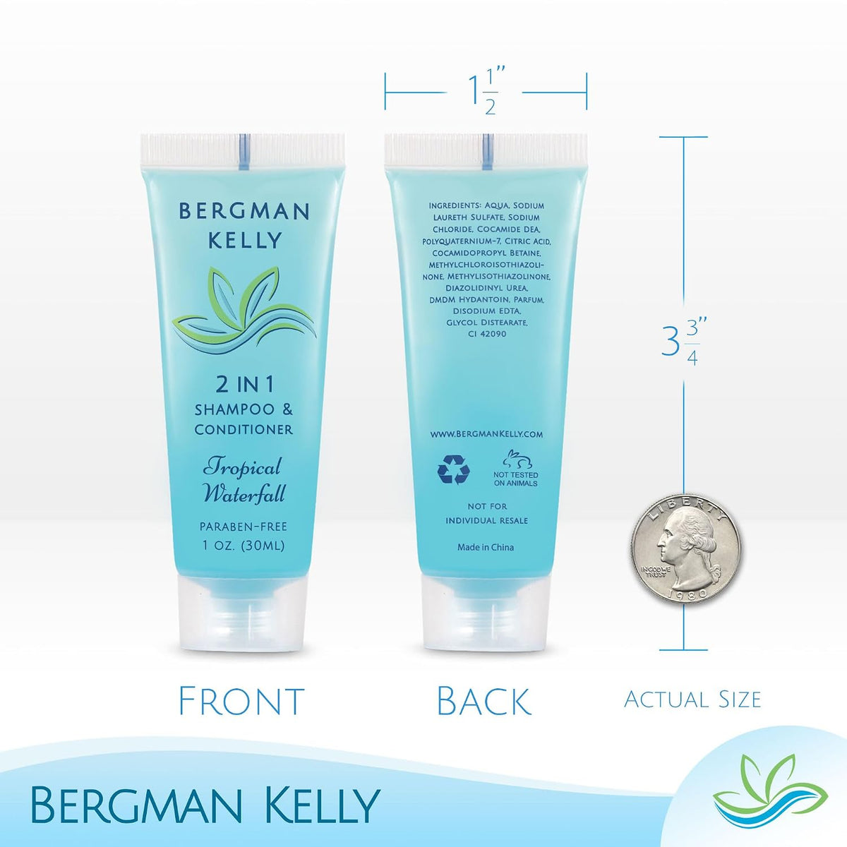 Bergman Kelly - Travel Size 2 in 1 Shampoo & Conditioner - 1 fl oz, 18000 PK, Tropical Waterfall - Delight Your Guests w/Invigorating & Refreshing Shampoo Amenities - Small Hotel Toiletries in Bulk