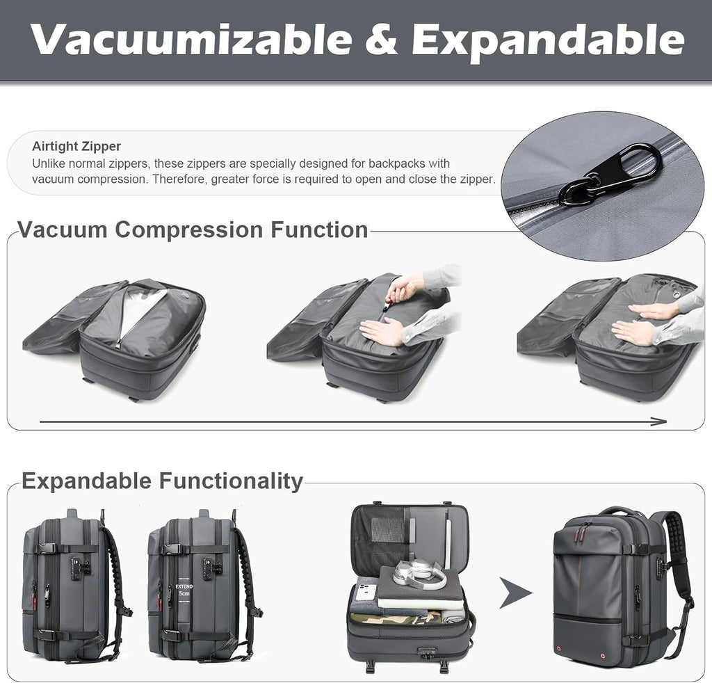 Somago Vacuumable Backpack Expandable Water-resistant Travel Bag with Air Pump TSA Lock Anti-thief Pocket
