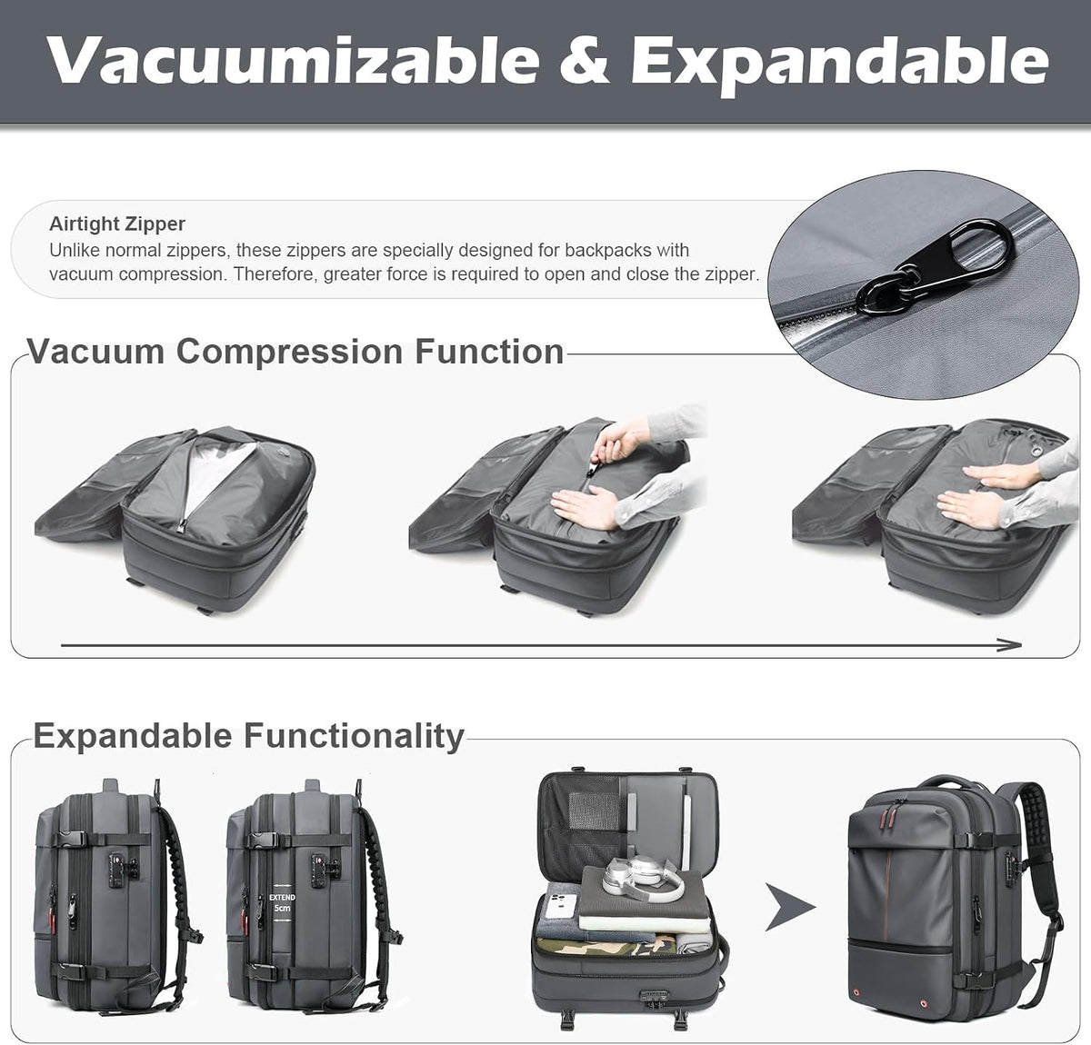 Somago Vacuumable Backpack Expandable Water-resistant Travel Bag with Air Pump TSA Lock Anti-thief Pocket