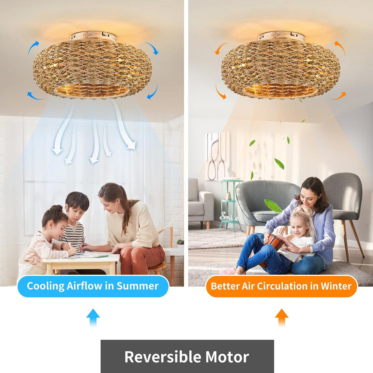 Boho Caged Ceiling Fans with Lights Flush Mount,Low Profile Ceiling Fan with Remote and APP,20 Inch Rattan Fan for Bedroom,6 Speeds Reversible Silent Fandalier (4 LED Bulb Include)…