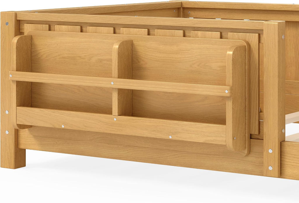 Bellemave Twin Floor Bed with Slats and Safety Guardrail, Twin Size Montessori Floor Bed with Fence and Built-in Bookshelf, Easy Assemble Montessori Beds for Kids, Girls, Boys, Light Natural
