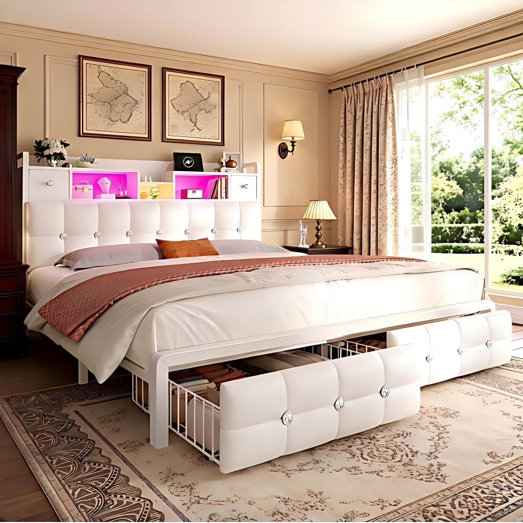 Homkdom Queen Bed Frame with 4 Drawers and Diamond-Tufted Upholstered Storage Headboard,LED Lights & Charging Station,1100 LBS Heavy Duty,No Box Spring Needed,Modern White