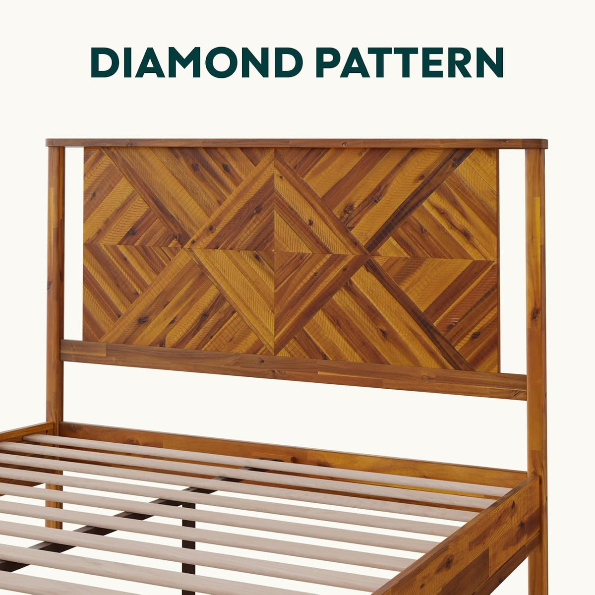 Bme Ethan Queen Bed Frame with Diamond Headboard, Mid Modern, Solid Acacia Wood, No Box Spring Needed, Fits All Mattresses, Rustic Caramel