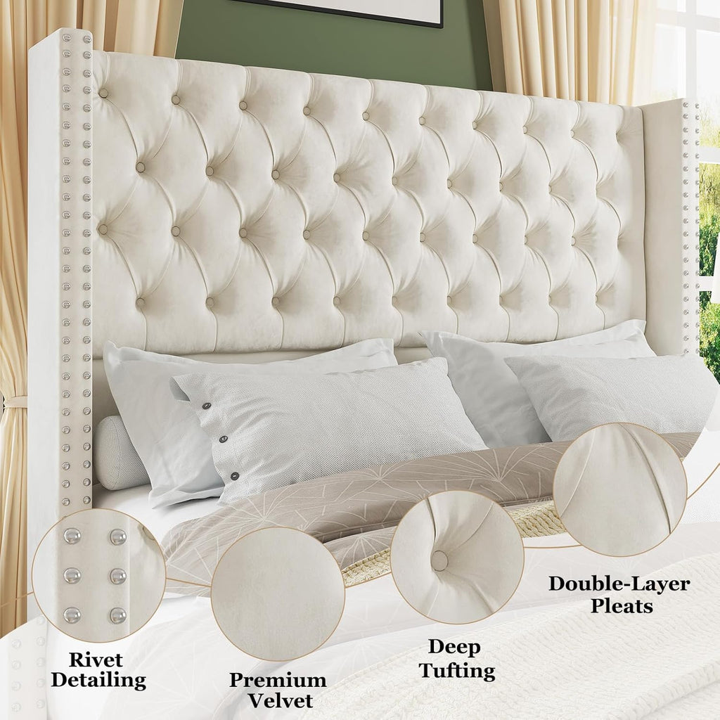 Jocisland Queen Size Bed Frame with 51.6' Wingback Tufted Velvet Headboard, Modern Upholstered Platform Bed, No Box Spring Needed, Easy Assembly, Cream