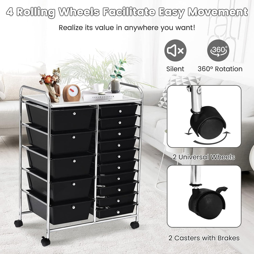 LUARANE Rolling Cart with 15 Drawers, Craft Storage Cart with Portable Handles & Lockable Wheels, Mobile Toys Organizer, Large Capacity Utility Drawer Cart Home Office School Teacher (Black)