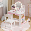 MU Kids Vanity with Lights, Princess Makeup Vanity Table and Chair Set for Girls, Toddler Vanity Desk with Open Bookshelf, Storage Cabinet & Shelves, Stools, White