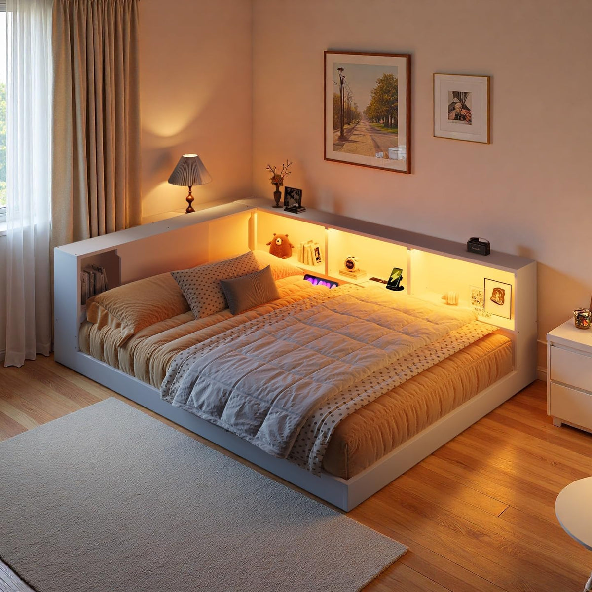 SOFTSEA Queen Size Corner Bed with Bookcase, Wood L-Shaped Floor Daybed with LED Lights & USB Ports, Floor Corner Bed Frame for Bedroom Guest Room, No Slats, White