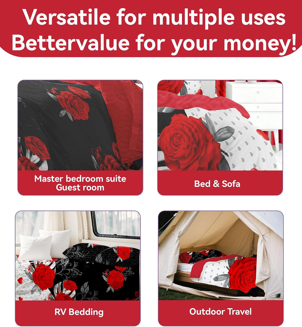 9 pcs Cal King Bed in a Bag with Curtains | Boho Red Rose Bedspread, Pillowcases, Print & Solid Curtains | Microfiber, Moisture-Wicking | Bedspread and Curtain Sets | RV & Outdoor Ready