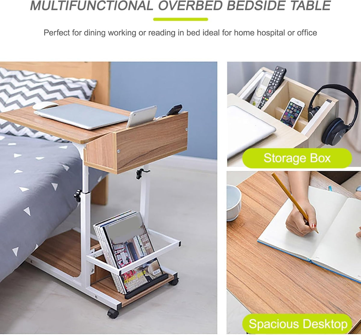 Height Adjustable Overbed Table with Wheels Mobile Computer Desk Makeup Vanity Desk with Storage, Mobile Laptop Standing Desk Cart(Black)