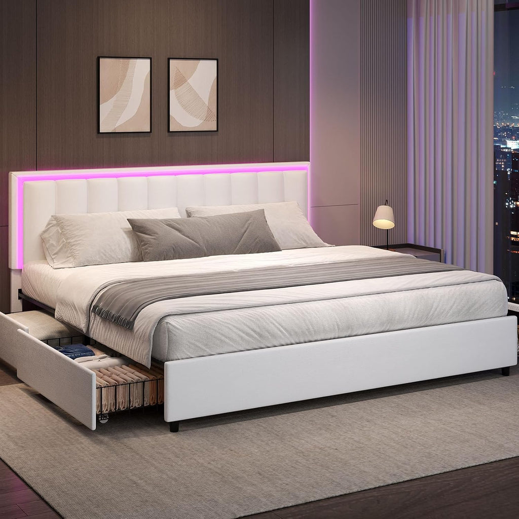 IMMERSTABLE King Size Bed Frame with 4 Drawers, Bed Frame King with LED Lights, Upholstered King Bed and Headboard, No Box Spring Needed, Noise-Free, Easy Assembly, White