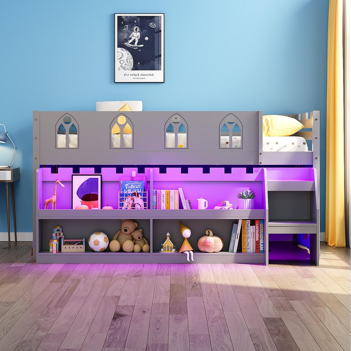 JOYMOR Low Loft Bed with LED Lights, Twin Loft Bed with Stairs, Safety Guardrail, Curtain, Wooden Bed Frame for Kids with Storage Bookcase and Under-Bed Play Space (Gray)