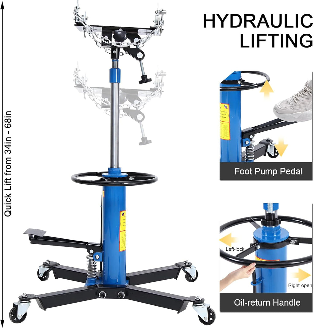 Transmission Jack 1660 lbs/ 0.75 Ton Capacity Hydraulic Telescopic Transmission Jack 34' - 68' Adjustable Height Telescoping Transmission Hydraulic with 360° Swivel Wheels Lift Hoist