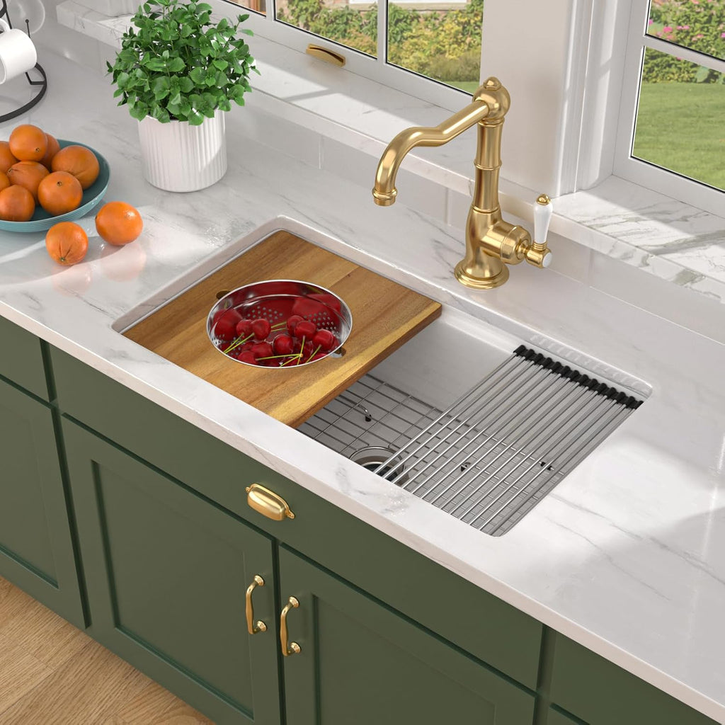 33x19 White Undermount Kitchen Sink, Glossy White Fireclay Single Bowl Workstation Sink, High Fired 2130°C Ceramic Porcelain with Cutting Board, Pasta Strainer & Mixing Bowl #TLAC-0076
