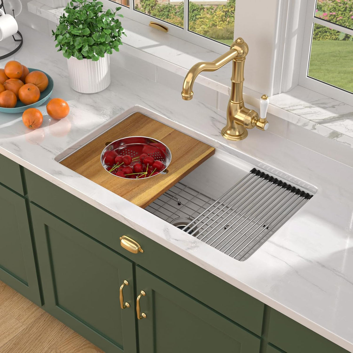 33x19 White Undermount Kitchen Sink, Glossy White Fireclay Single Bowl Workstation Sink, High Fired 2130°C Ceramic Porcelain with Cutting Board, Pasta Strainer & Mixing Bowl #TLAC-0076