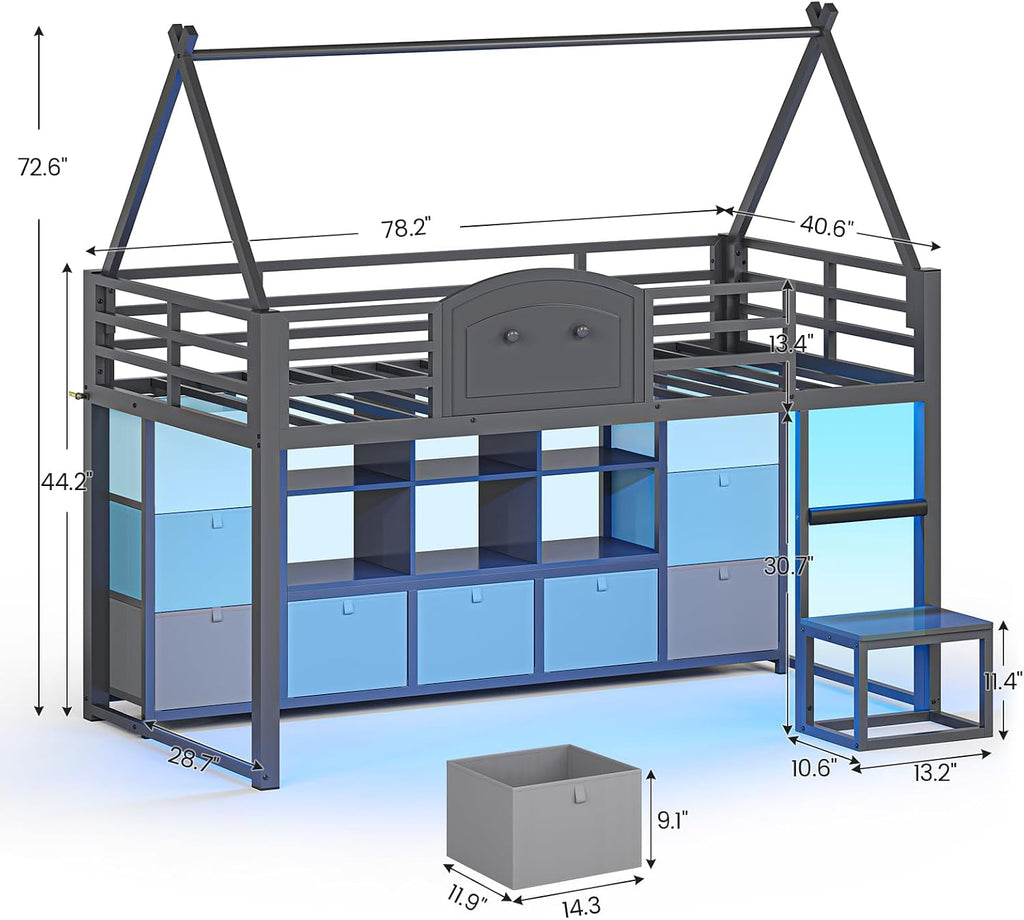 VIAGDO Twin Size Low Loft Bed with 9 Storage Drawers, Bookcase and LED Lights, House-Shaped Metal Twin Loft Bed with Step Stool and Safety Guardrail, Kids Loft Bed with Under-Bed Play Space, Grey