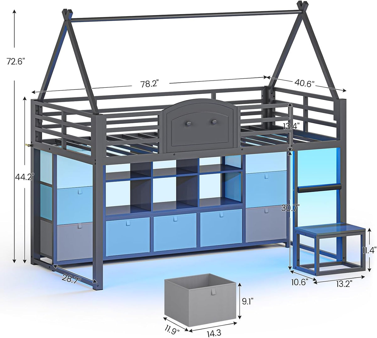VIAGDO Twin Size Low Loft Bed with 9 Storage Drawers, Bookcase and LED Lights, House-Shaped Metal Twin Loft Bed with Step Stool and Safety Guardrail, Kids Loft Bed with Under-Bed Play Space, Grey