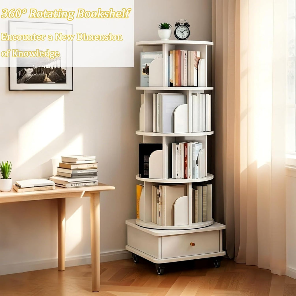 KEIKI 5-Tier Rotating Tower Spinning Bookshelf with 360°Swivel Wheels & Square Storage Drawer Base,Narrow Rolling Bookcase for Small Space,Corner,Bedroom,Office,White