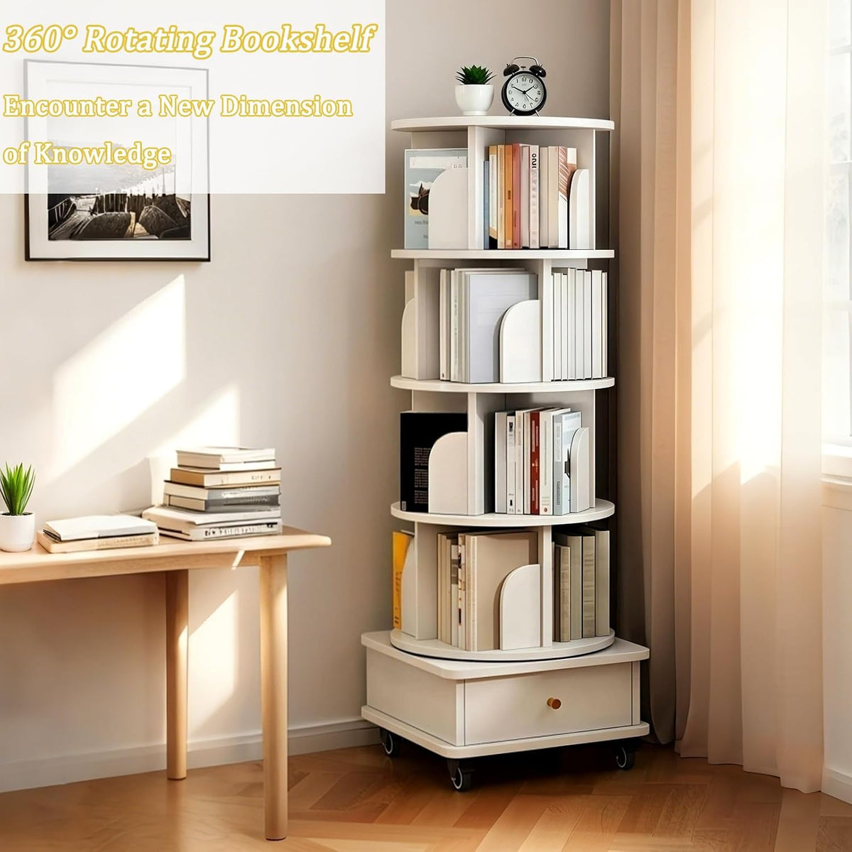 KEIKI 5-Tier Rotating Tower Spinning Bookshelf with 360°Swivel Wheels & Square Storage Drawer Base,Narrow Rolling Bookcase for Small Space,Corner,Bedroom,Office,White