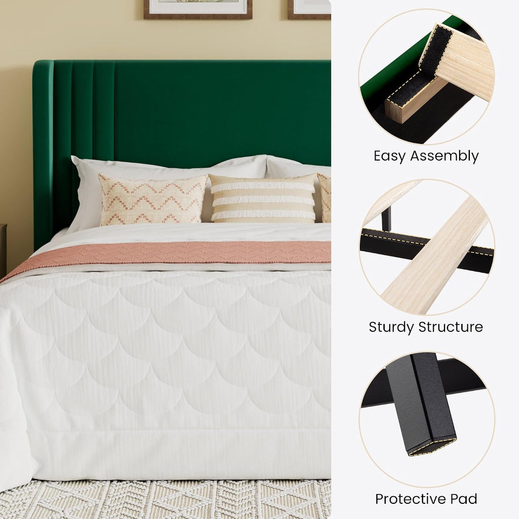 SHA CERLIN King Size Velvet Upholstered Platform Bed Frame with Vertical Channel Tufted Wingback Headboard, Wooden Slats Support, Easy Assembly, Under Bed Storage, No Box Spring Required, Green