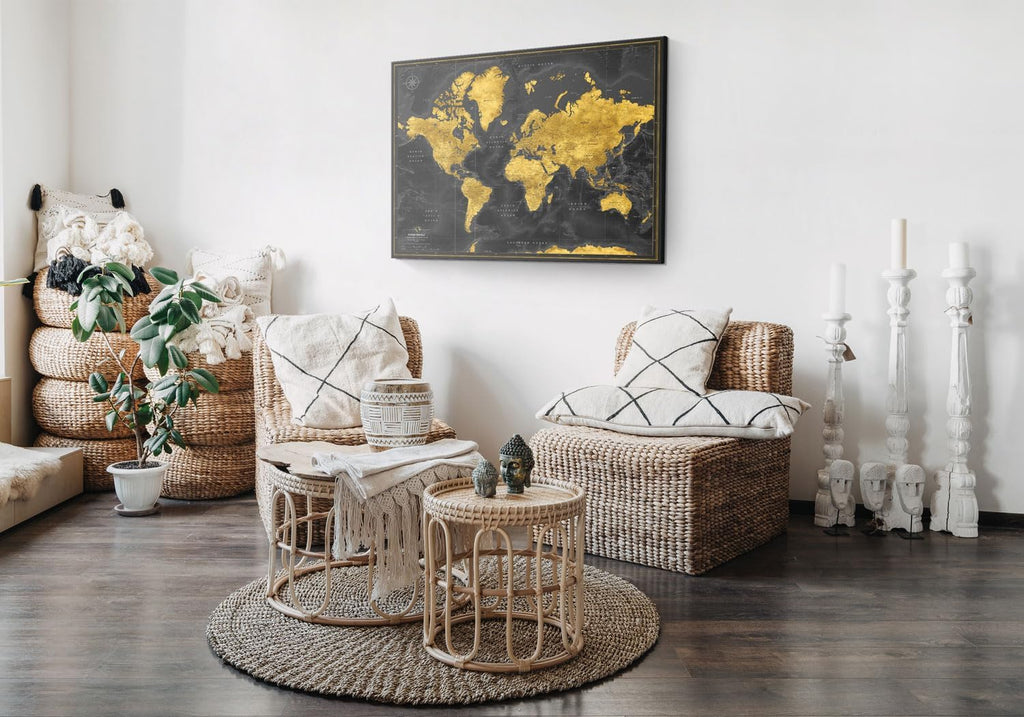 World map with pins to mark travels - World Map pinboards for globetrotters & and travel-themed interiors (32 x 24, Midnight Gold)
