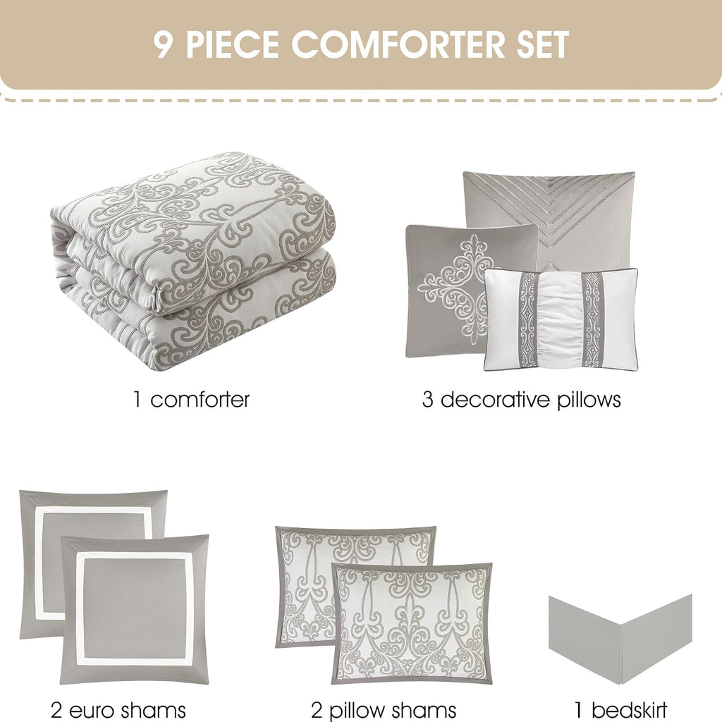 Stratford Park Smoke Grey Comforter Set King Size, 9 Piece Jacquard Floral Bedding Set, All Season, Ultra-Soft, Matching Pillows & Shams, Bed Skirt