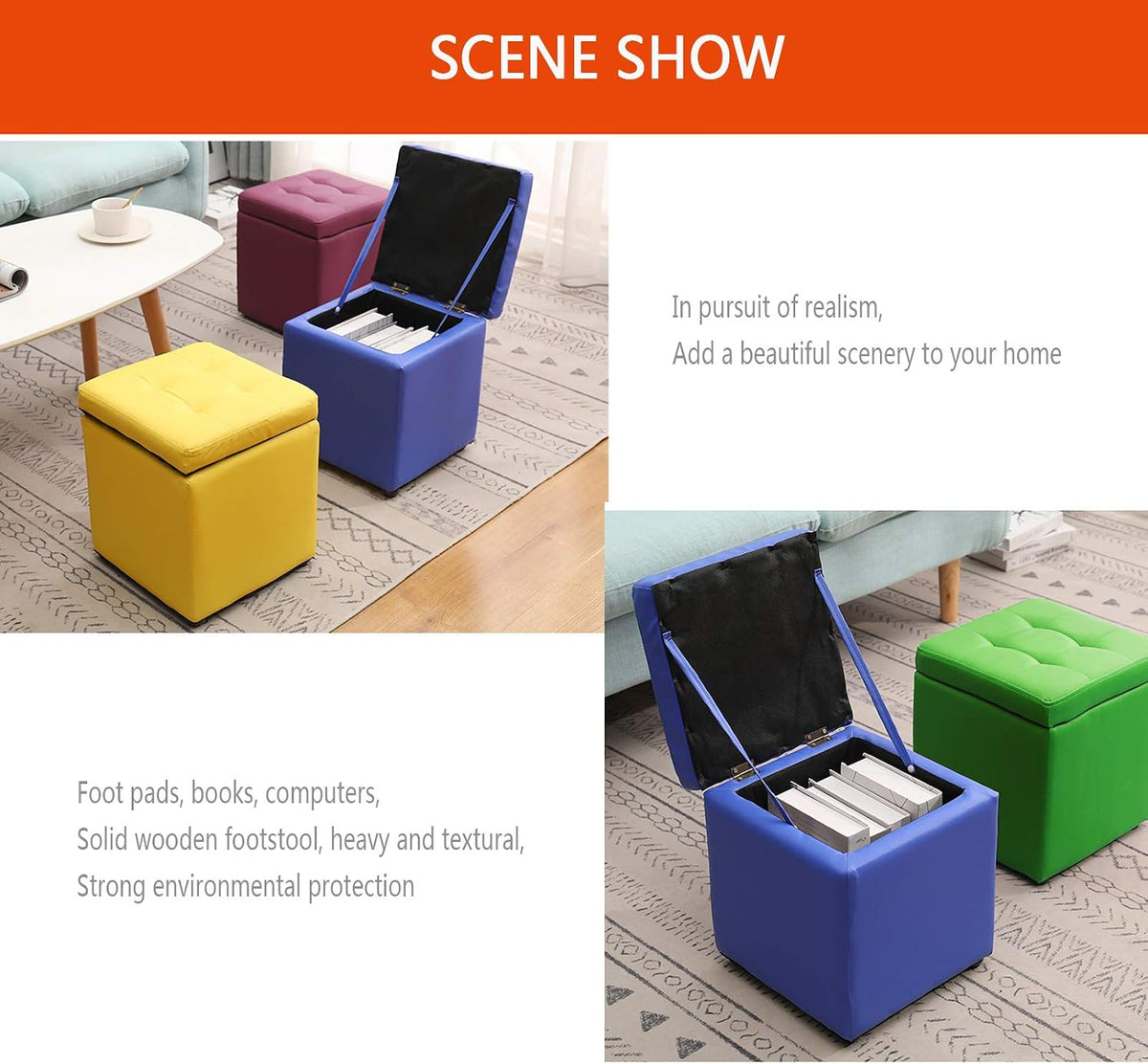 Square Storage Upholstered Footstool Pu Leather Makeup Dressing Stool for Bedroom Shoe Bench Vanity Piano Seat and Functional Sofa Stool-Blue-40cm