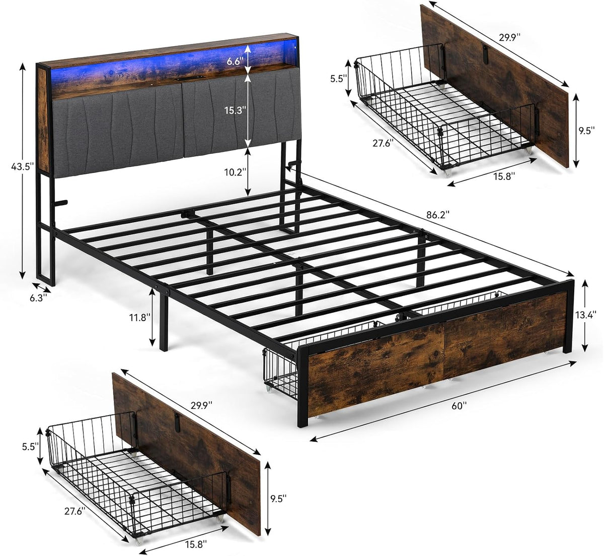 COMHOMA Queen Bed Frame with Headboard and Storage Drawers, Charging Station, Modern Platform Metal Frames with Wood Accents, No Box Spring Needed, Quiet and Sturdy Structure