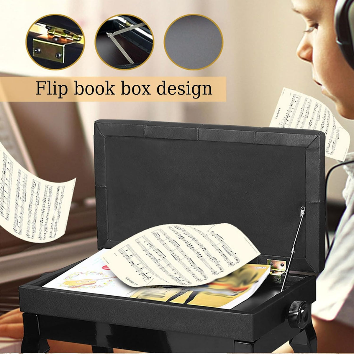 Piano Bench with Storage Piano Accessories Piano Bench Adjustable Height Vanity Stool Duet Piano Bench Black Length 56cm*Width 34cm