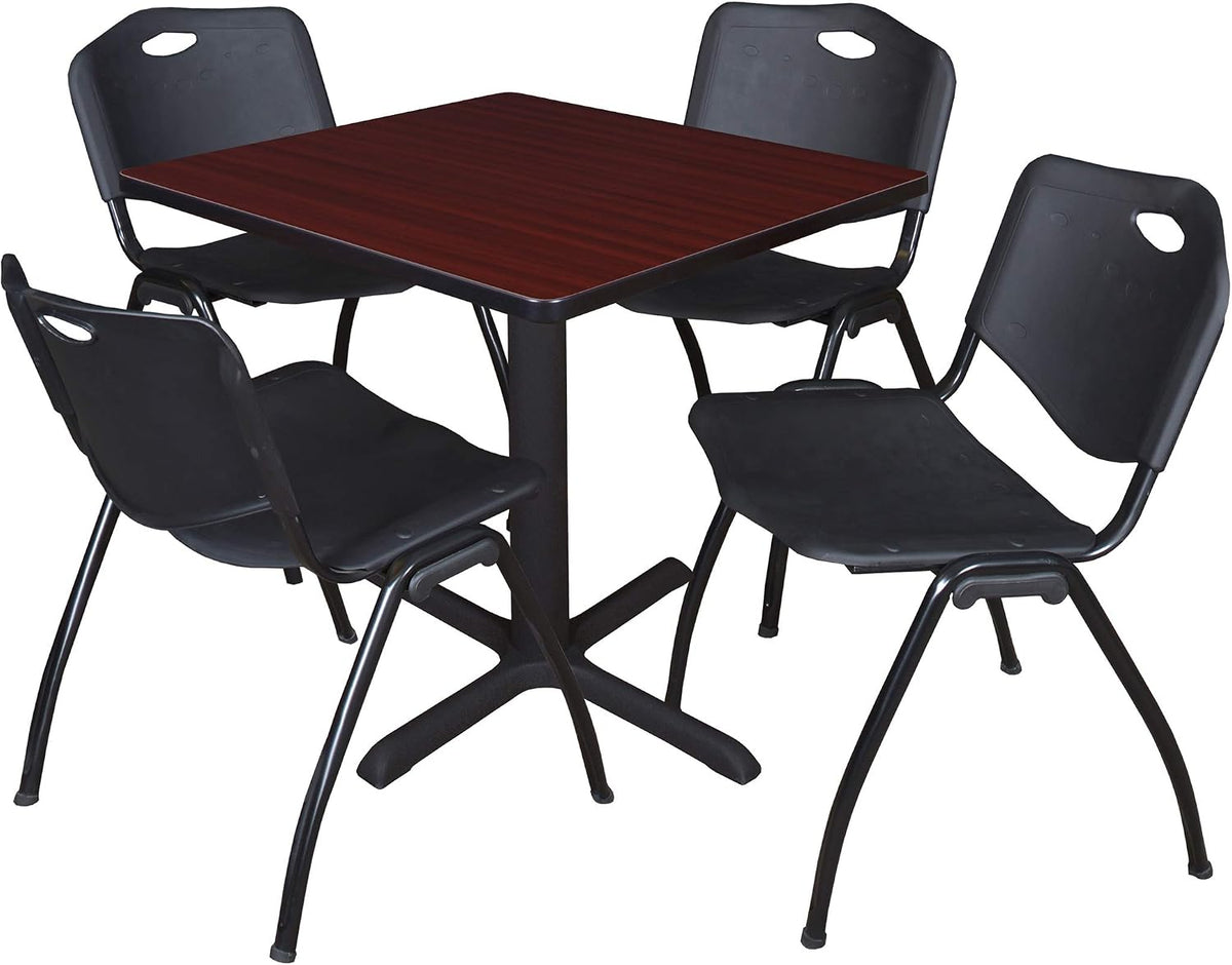 Regency Cain Small 30 in. Square X-Base Breakroom Table- Mahogany & 4 M Stack Chairs- Black
