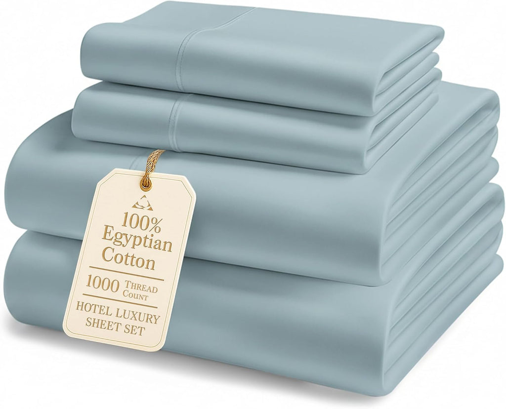 100% Egyptian Cotton Queen Size Sheet Set - 1000 Thread Count Silky Sateen Weave Naturally Breathable & Durable Winter Comfort, Hotel Soft Luxury Comfort with 15' Deep Pocket Queen Sheets -French Blue