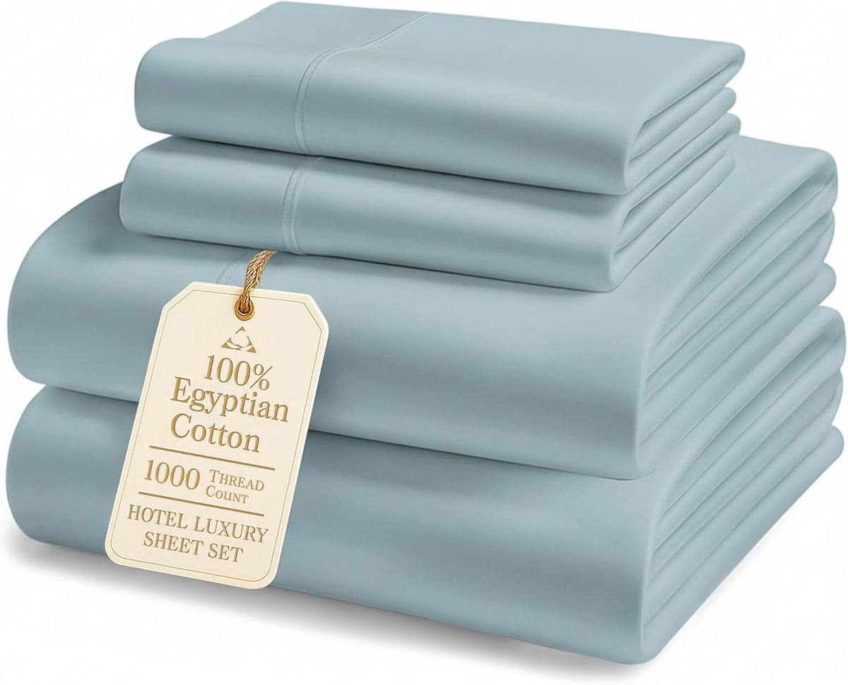 100% Egyptian Cotton Queen Size Sheet Set - 1000 Thread Count Silky Sateen Weave Naturally Breathable & Durable Winter Comfort, Hotel Soft Luxury Comfort with 15' Deep Pocket Queen Sheets -French Blue