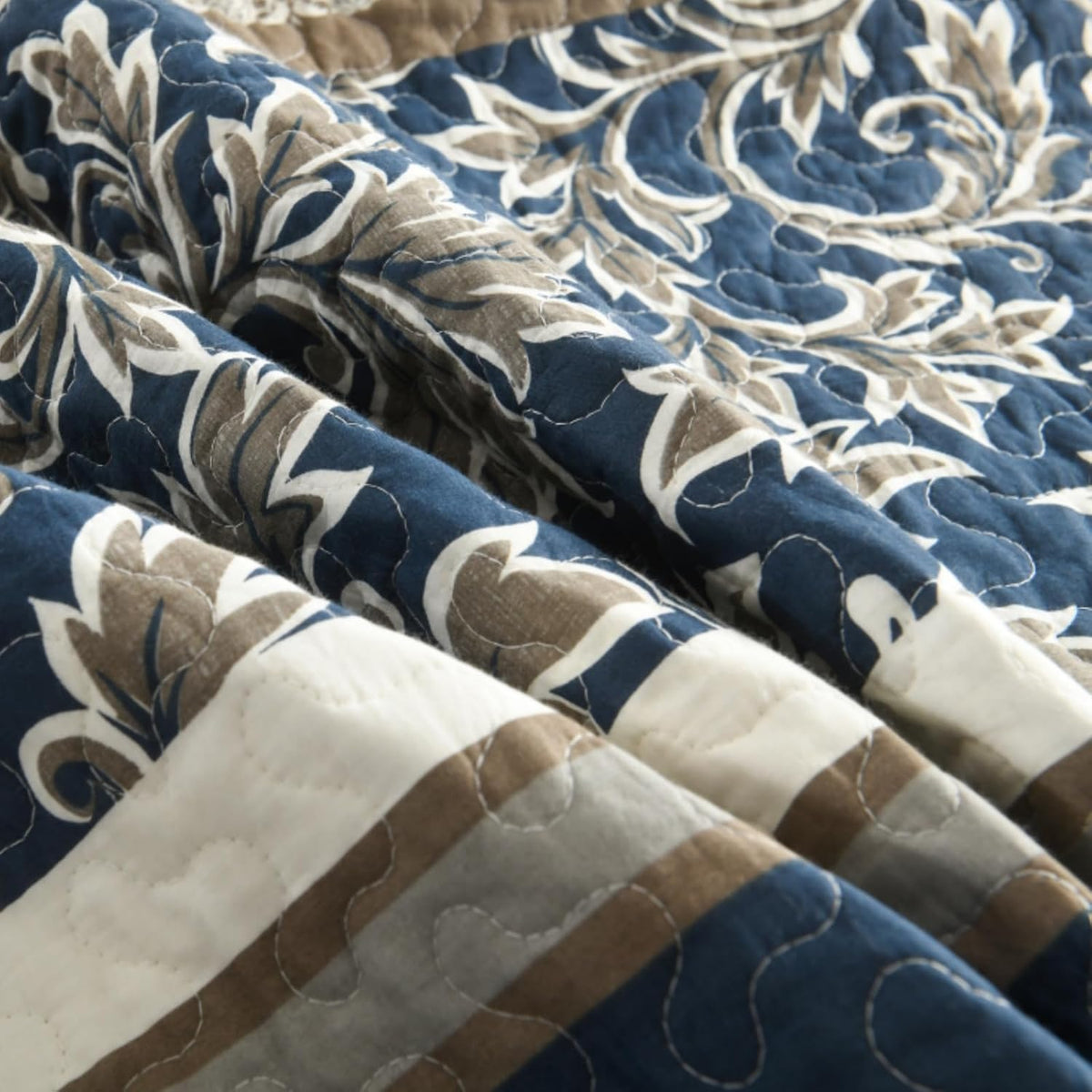 Uniclinens 100% Cotton Quilts Queen Size, Lightweight Botanical Striped Queen Quilt Bedding Set, Vintage Chic Reversible Quilted Bedspreads Coverlet Set, All Season, 3 Pieces, Navy Blue/Gray/Kharki