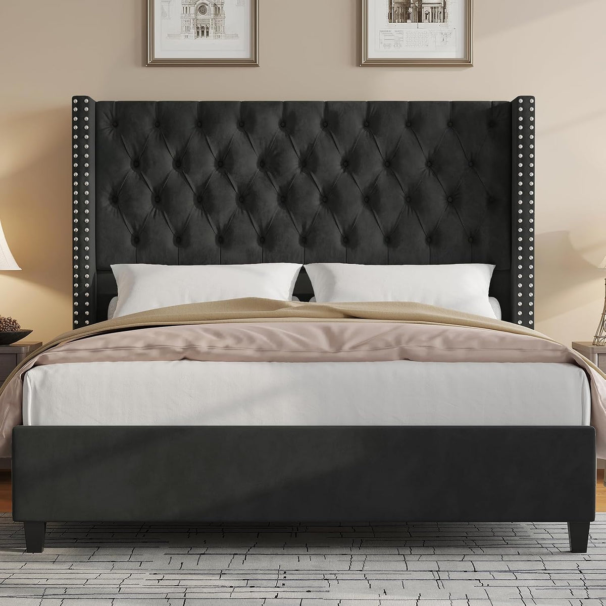 Jocisland Queen Size Bed Frame with 51.6' Wingback Tufted Velvet Headboard, Modern Upholstered Platform Bed, No Box Spring Needed, Easy Assembly, Black