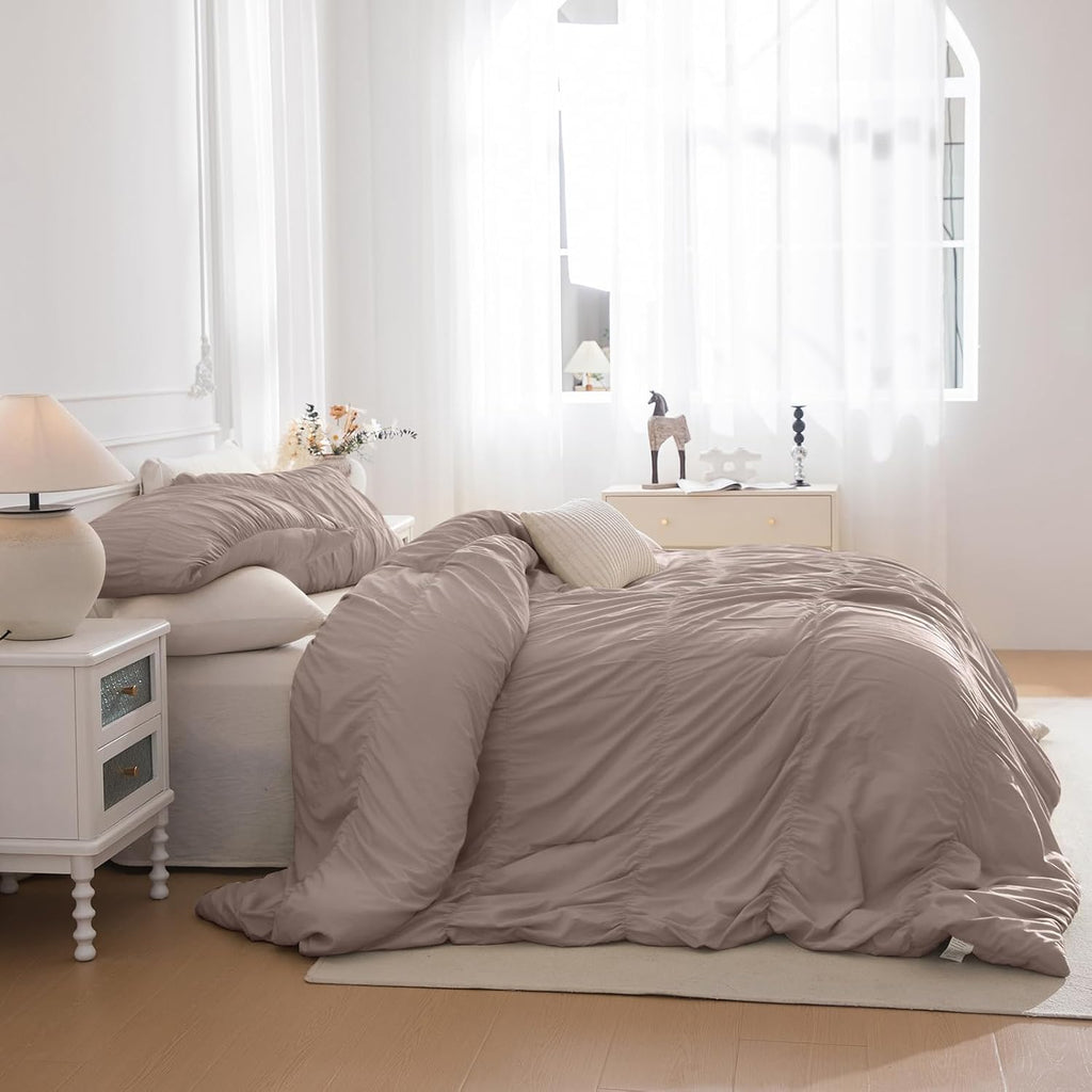 Masaca Oversized King Size Comforter 128x120,3 Pieces Vintage Taupe Ruched Bedding Comforter Set Lightweight Ultra Soft Shabby Boho Chic Bedding (1 Ruffle Comforter +2 Pillowcases)