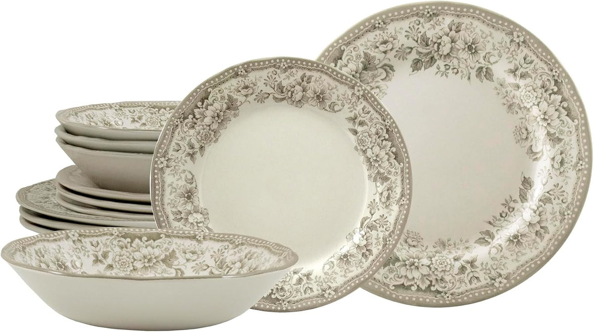 TUDOR ROYAL 12-Piece Porcelain Round Dinnerware Set, Service for 4, DIANA ROSE BEIGE Design, Blue Floral, Plates Bowls Dishes, Premium Quality Tableware, Unique Pattern, Glossy