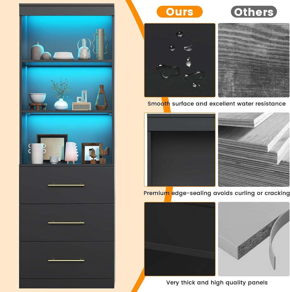 Winkalon 71'H Black Bookshelf with LED Light, Bookcase and Bookshelf with Drawers, Tall Bookcase Tall Storage Cabinet 3-Tier Open Shelves for Home Office Living Room Hallway, 15.8'D x 23.6'W x 70.9'H