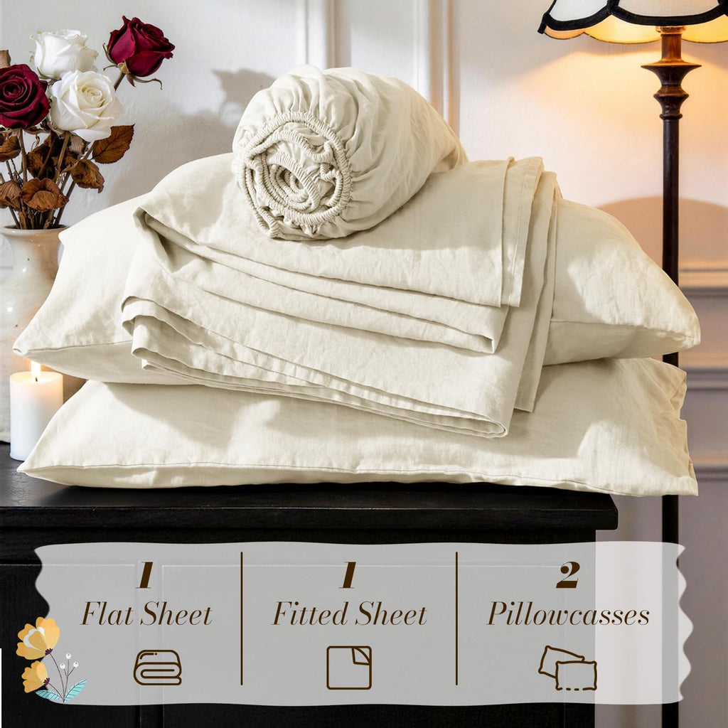 SONORO KATE 100% French Pure Linen Sheets, Breathable and Durable Linen King Size Sheets, Anti-Tear Linen Bed Sheets, Machine Washable, 16 Inch Deep Pocket - 4 Piece (Cream, King)
