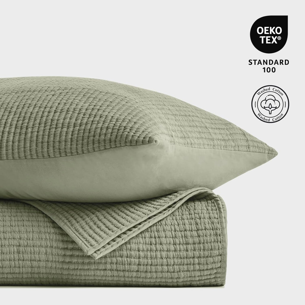 EVERGRACEHOME Cotton Coverlet Set King Size 3 Pieces, Lightweight Soft Ribbed Matelassé Bedspread Quilt Set, Cozy Oversized Quilted Bedding Set with 2 Pillow Shams for All Seasons, Light Sage Green