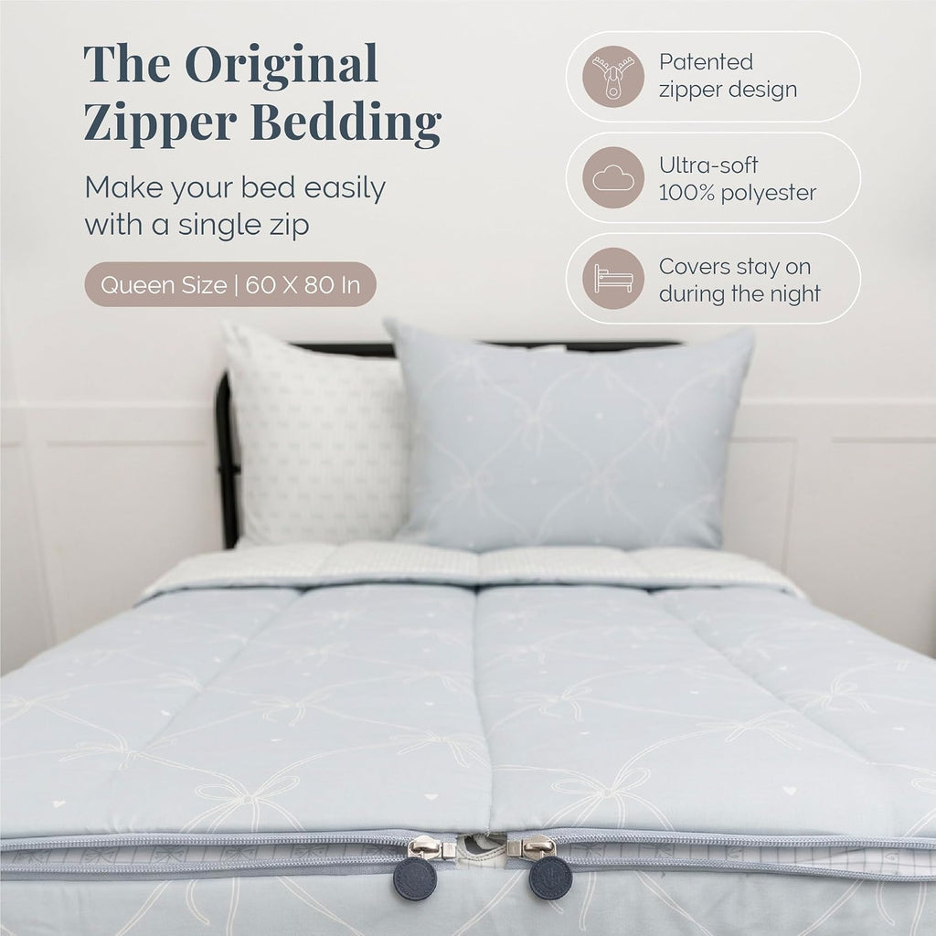 Beddy's Ribbon & Bow Theme Durable Zipper Bedding for Kids - Bed in a Bag - White Striped Sheets with Baby Blue Comforter - Includes 2 Pillowcases & 2 Shams - Queen