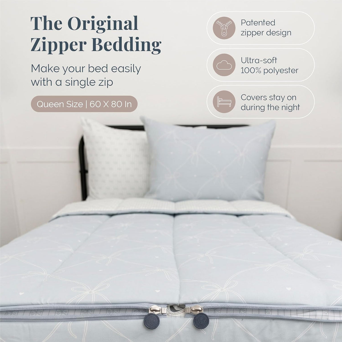 Beddy's Ribbon & Bow Theme Durable Zipper Bedding for Kids - Bed in a Bag - White Striped Sheets with Baby Blue Comforter - Includes 2 Pillowcases & 2 Shams - Queen