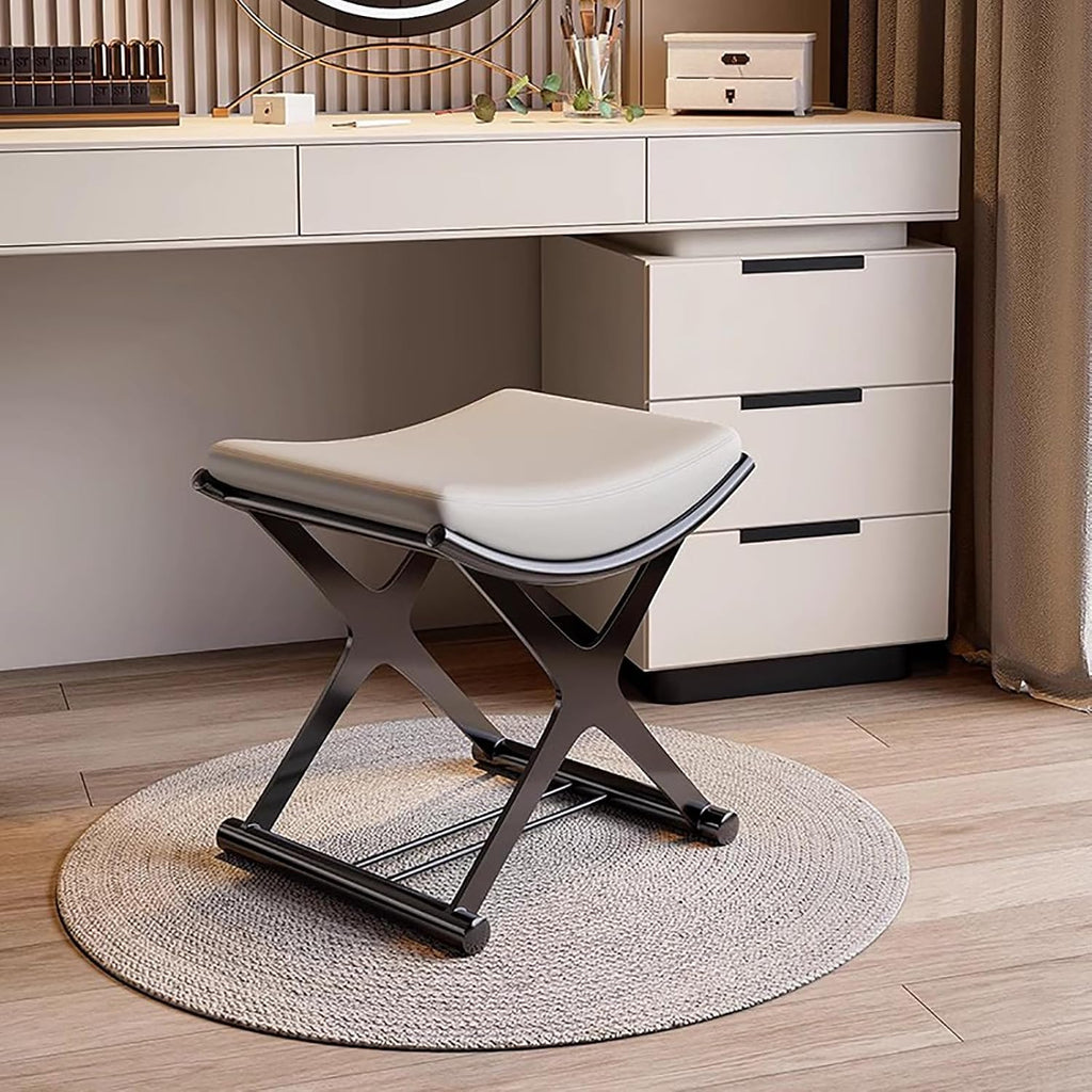Luxury Vanity Stool with Metal X Legs,Faux Leather Ottoman Stool,Small Padded Vanity Bench Foot Rest for Makeup Room, Living Room, Bathroom(45x38x45cm(18x15x18inch), Black)