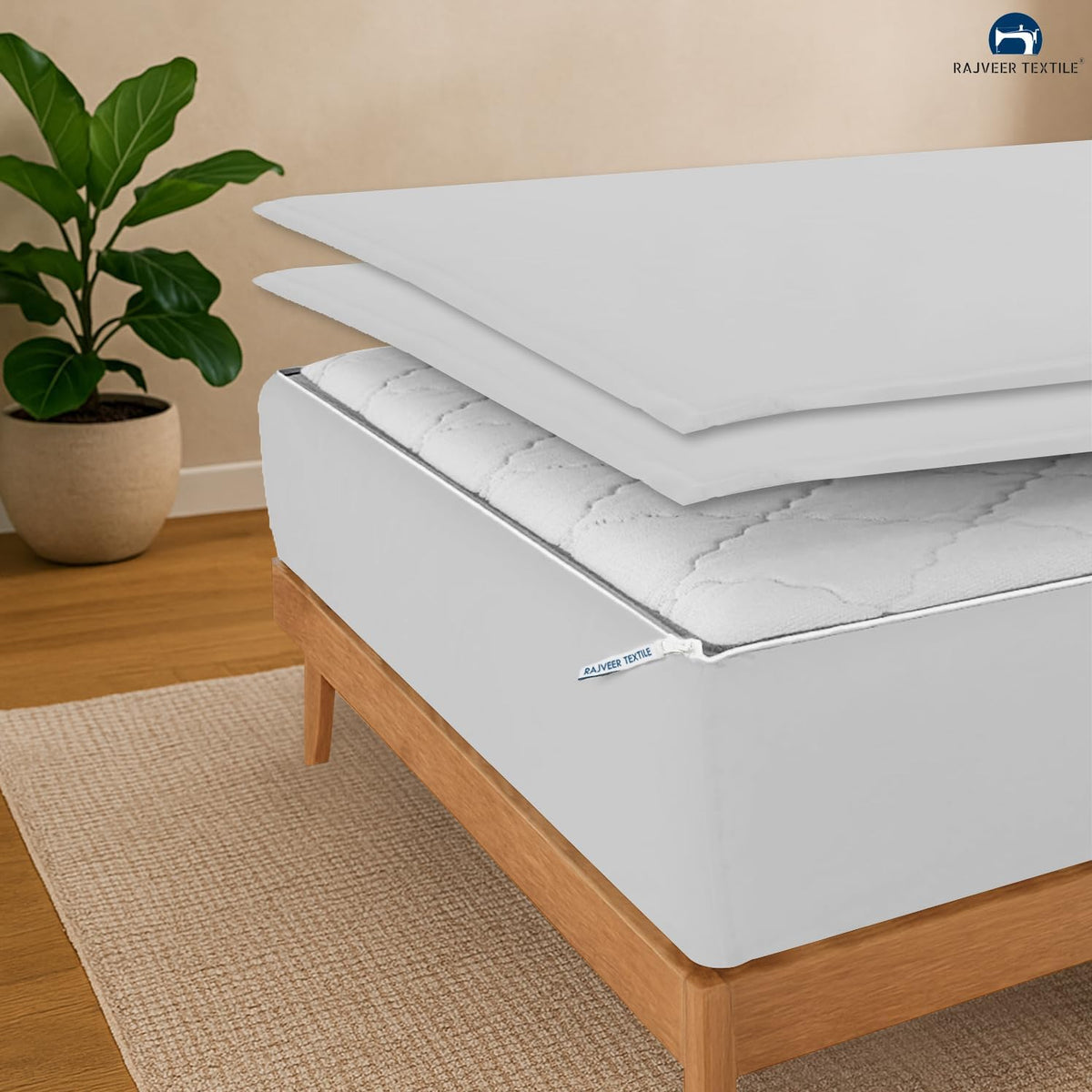 Zip On Fitted Sheet - Includes 1 Fitted Base + 2 Zip Sheet - Easy to Change, Won't Pop Off Full Sheet- 600 TC Cotton Fitted Sheet- 18' Deep Pocket Full Size- Light Grey